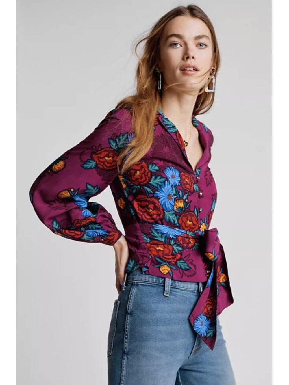 Moulinette Soeurs Maisie Blouse Womens 6 Purple Floral Tie Waist Long Sleeve
